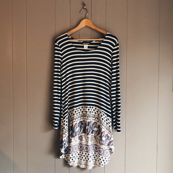 Ronnie Salloway Tops - Navy & White Striped with Print Skirt Hi-Low Tunic